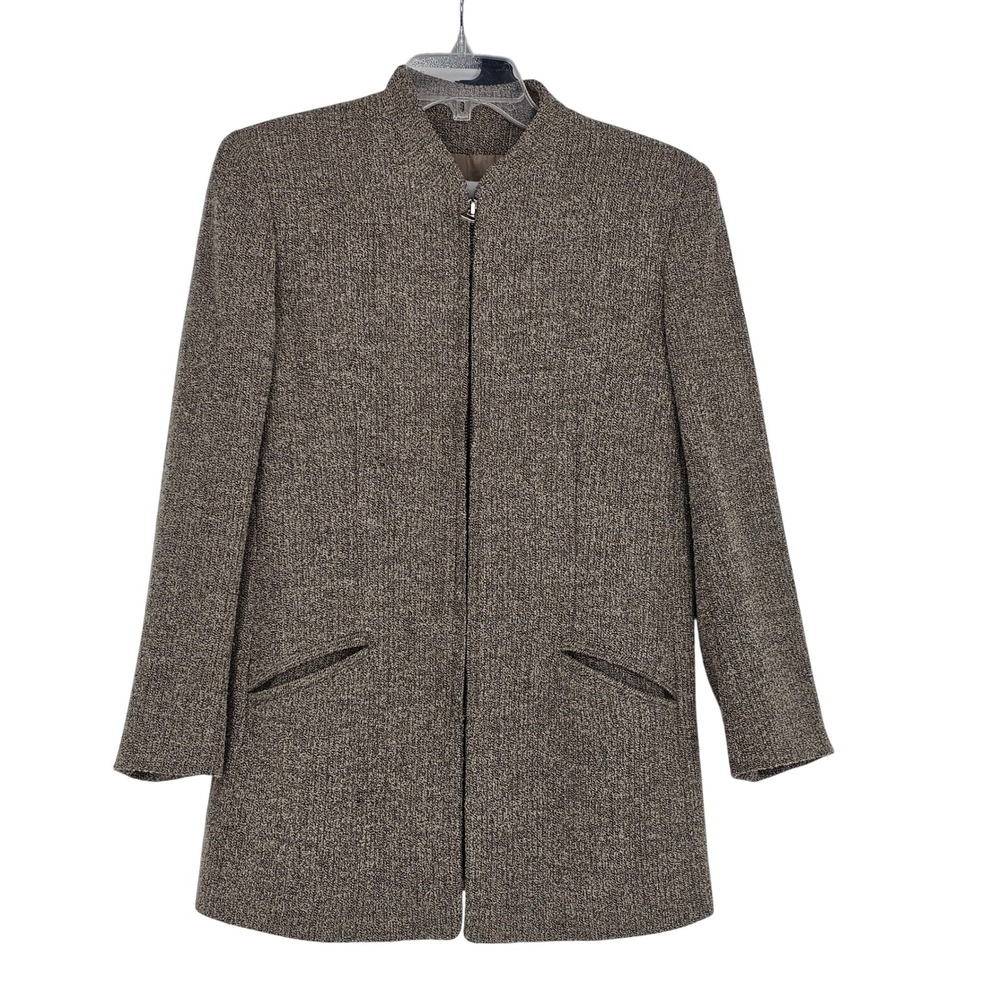 Joan & David Virgin Wool Blazer 10 Brown Zip Front Collarless Italy Minimalist